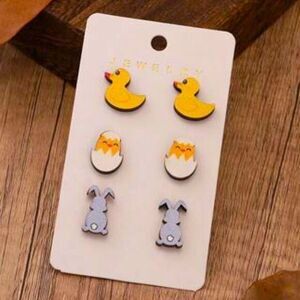 Easter Bunny Chicks  Cottage Whimsigoth Woodland 3 Pair Earrings Set